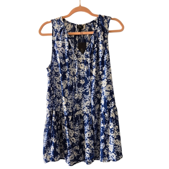 Rachel Zoe Floral Baby Doll Keyhole Neck Tie Sleeveless Tunic Mini Blue Small - Picture 1 of 4